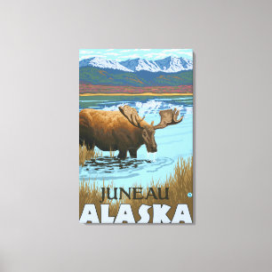 Toile Orignaux buvant au lac - Juneau, Alaska