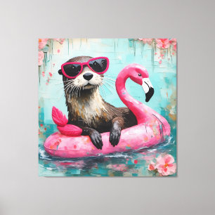 Toile Otter flottant sur un Flamant rose rose drôle Coll