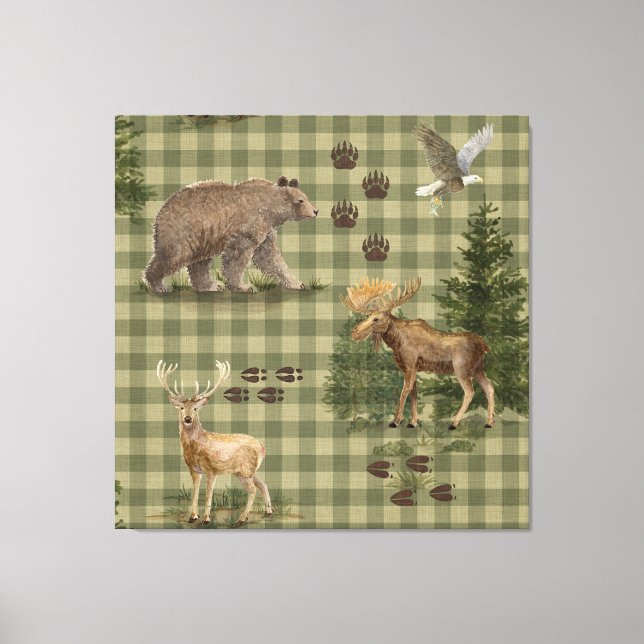 Toile Ours Cerf Élan Aigle Forêt Rustique Aquarelle (Recto)