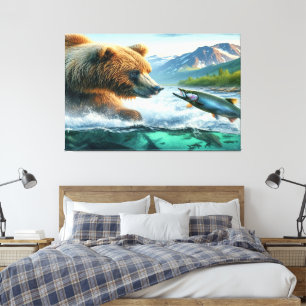 Toile Ours grizzlis avec saumon à truite arc-en-ciel