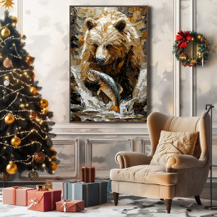 Toile Ours Grizzly Pêchant dans un Style Impasto Dynamiq