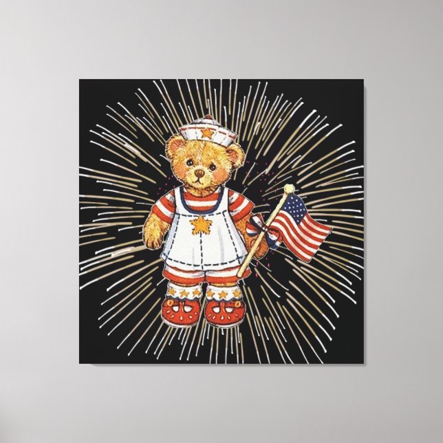 Toile Ours infirmière vintage avec feux d'artifice blanc (Recto)