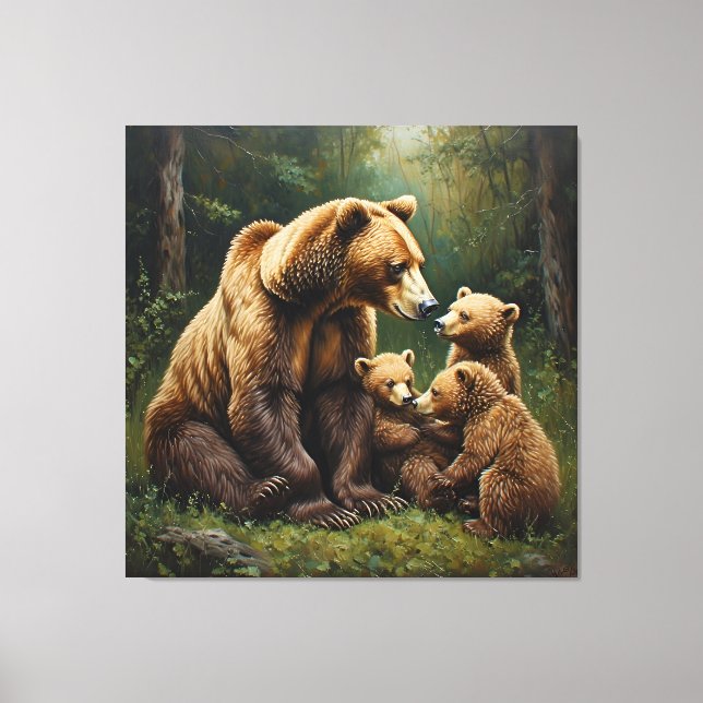 Toile Ours mère avec des oursons dans un cadre forestier (Recto)