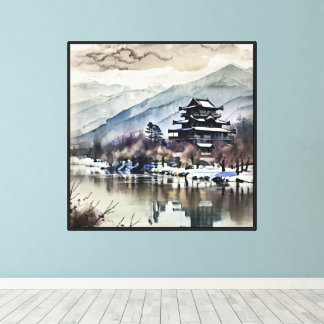 Toile Pagode de montagne sur la rivière (hiver)