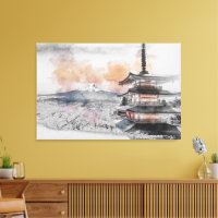 Pagode japonaise et mont Fuji à l'aquarelle