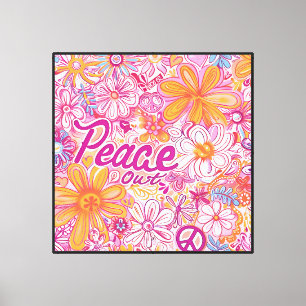 Toile Paix Hippie Fleurie Signe de Paix Motif Rétro