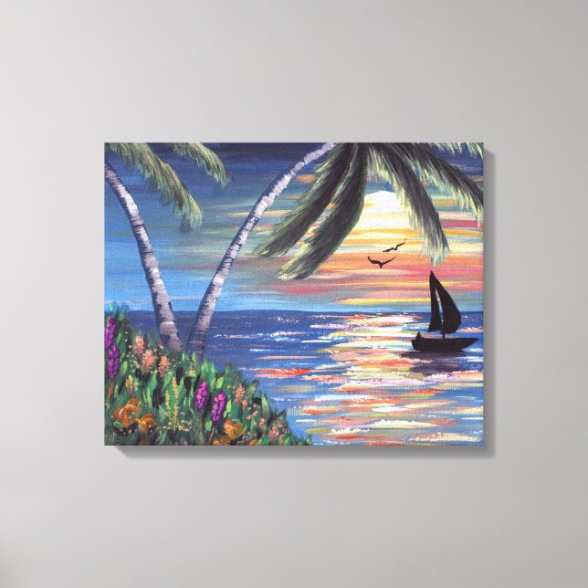 Toile Palmiers Coucher de soleil Peinture océanique (Recto)