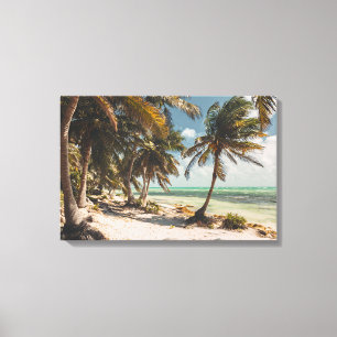 Toile Palmiers Exotiques Mer Turquoise Plage de Sable Bl