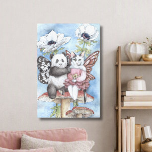 Toile Panda et chat fée amis avec des fleurs d'anémone