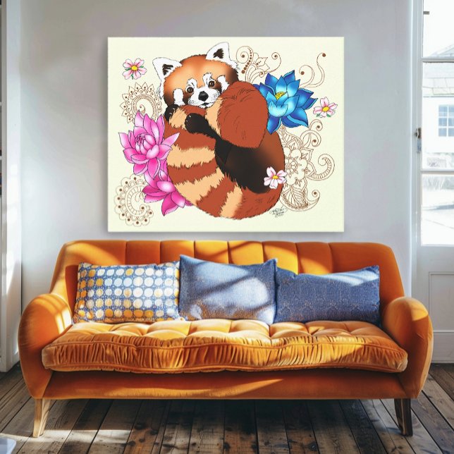 Toile Panda Rouge Lotus Fleurs Henné (Créateur téléchargé)