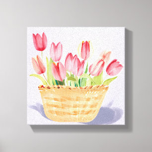 Toile Panier de Tulipes Peinture Aquarelle Florale
