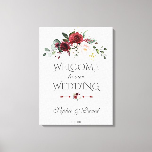 Toile Panneau de bienvenue de mariage floral Burgundy Bl (Recto)