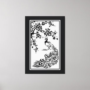 Toile Paon blanc noir et fleurs de cerisiers personnalis