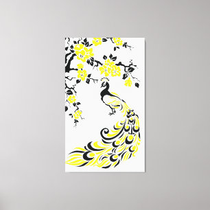 Toile Paon jaune noir et fleurs de cerisiers personnalis