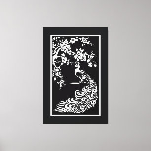 Toile Paon noir blanc et fleurs de cerisier personnalisé