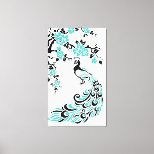 Toile paon turquoise et fleurs de cerisiers sur mesure