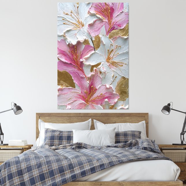 Toile Papier Peint Abstrait Texturé Floral Blanc et Rose (Insitu(Chambre))