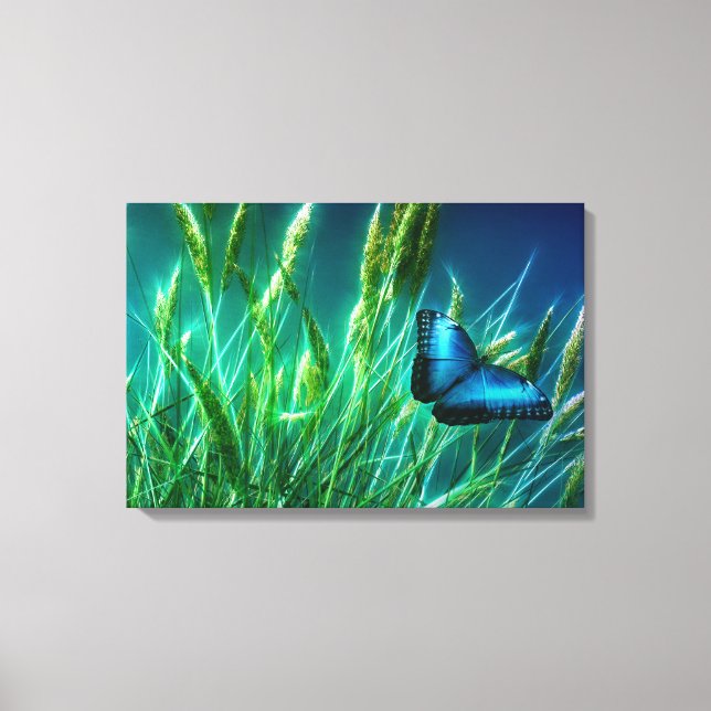 Toile Papillon bleu Morpho sur herbe verte (Recto)