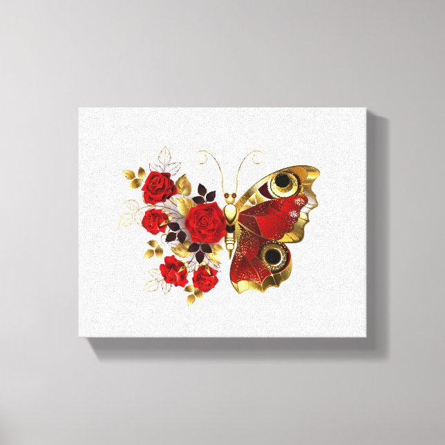 Toile Papillon de fleurs rouges aux roses rouges (Recto)
