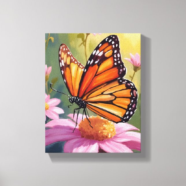 Toile Papillon Monarque Fleur Rose Peinture Florale (Recto)