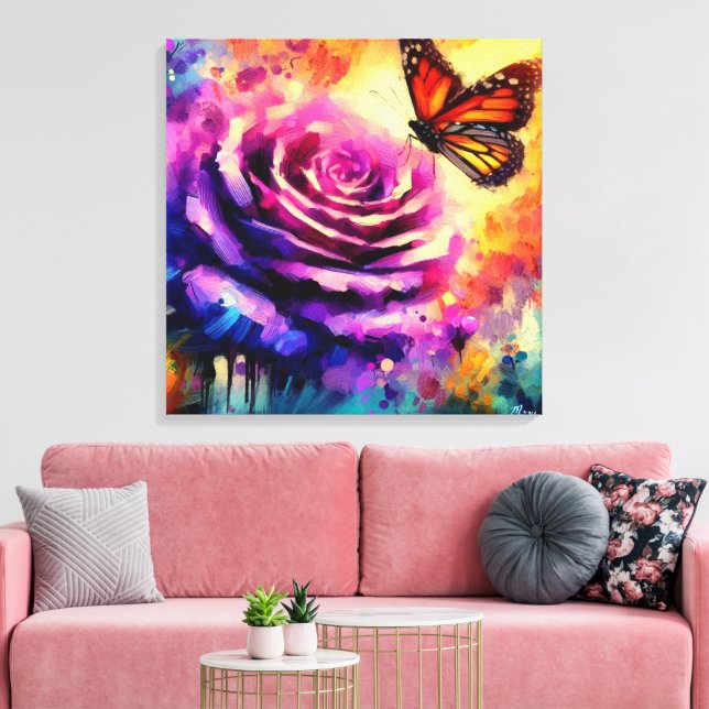 Toile Papillon monarque sur Rose violet au soleil coucha (Insitu(Salon))