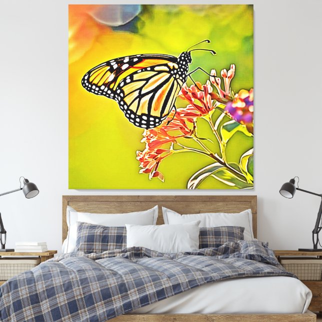 Toile Papillon orange sur la conception de fleurs roses (Insitu(Chambre))