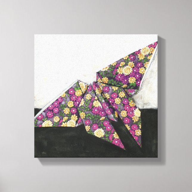 Toile Papillon Origami sur papier floral (Recto)