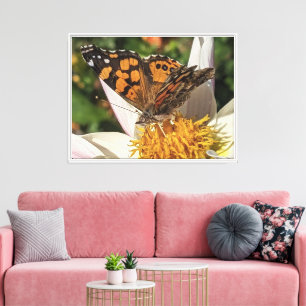 Toile Papillon Painted Lady sur Dahlia blanc