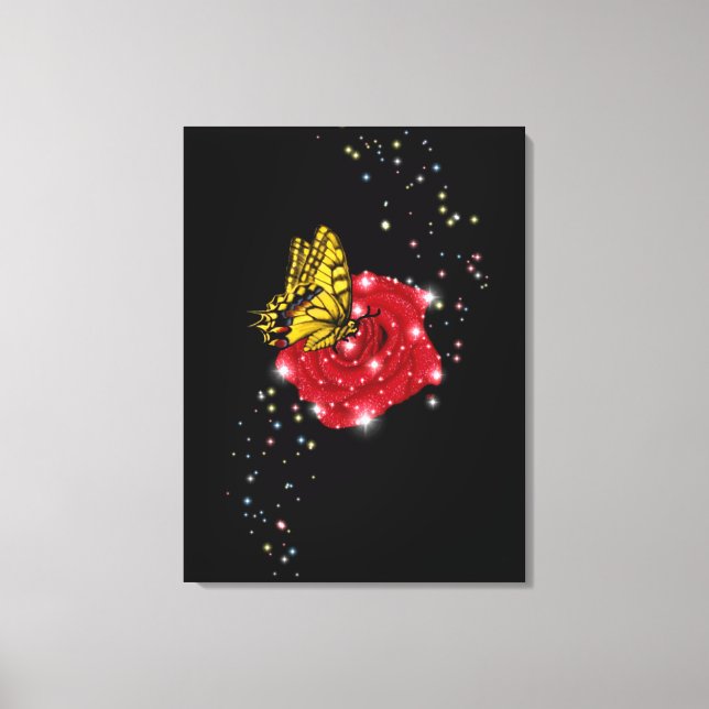 Toile Papillon sur rose rouge avec étoiles et gouttes de (Recto)