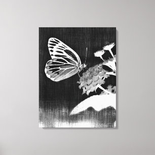 Toile Papillon vintage sur fleur - Noir et Blanc 2