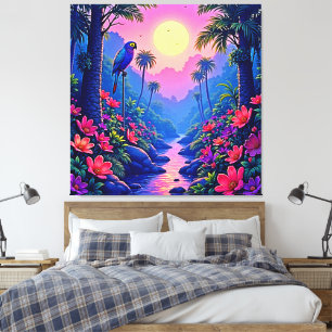 Toile Paradis Perroquet Lune Jungle Bleue