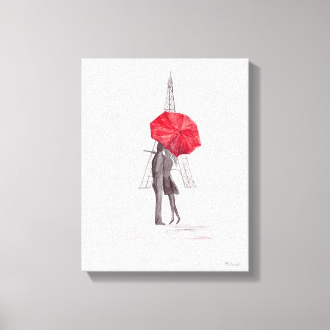 Toile Paris amoureux couple avec parapluie rouge Impress (Recto)