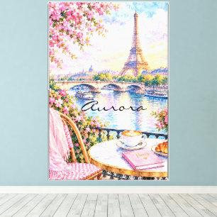 Toile Paris Aquarelle Tour Eiffel Rose Floral Français