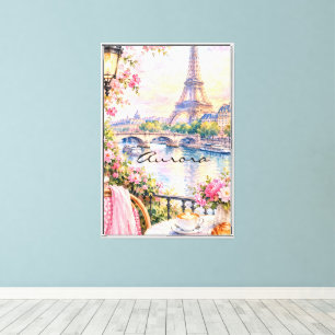 Toile Paris Aquarelle Tour Eiffel Rose Floral Français