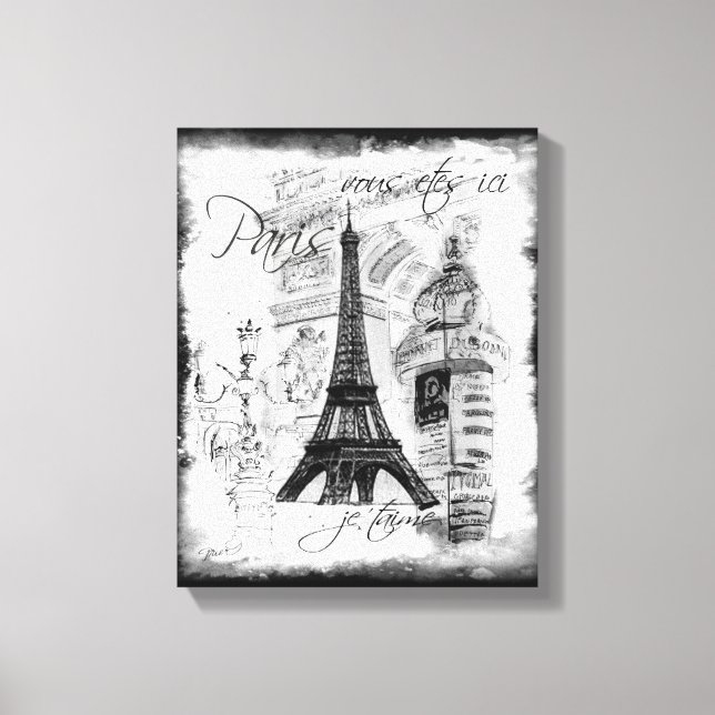 Toile Paris Tour Eiffel Scène Collage noir & blanc (Recto)