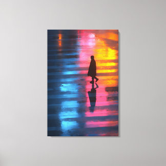 Toile Passage piéton silhouette sous pluie néon