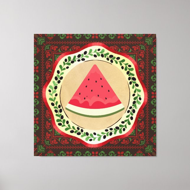 Toile pastèque sur plaque d'olive avec tatreez palestini (Recto)