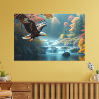 Toile Patriotic Eagle Flying Over Waterfalls In Autumn