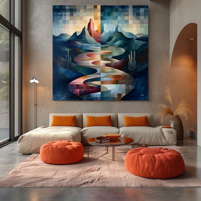 Toile Paysage Abstrait à Double Ton avec Rivière et Mont (Créateur téléchargé)