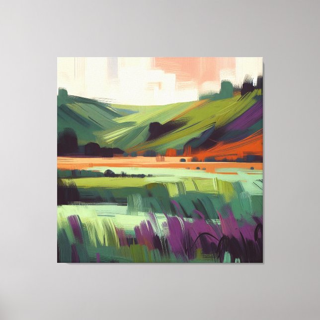 Toile Paysage abstrait avec ciel rose, violet et gris (Recto)