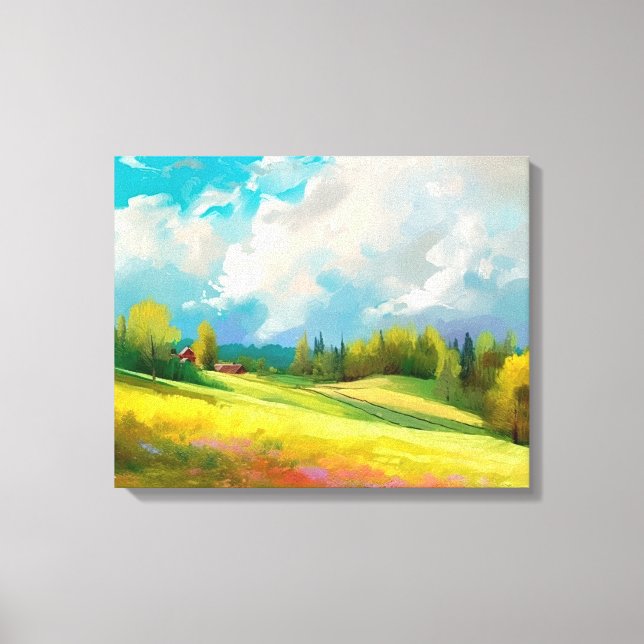Toile Paysage Abstrait avec collines et arbres et nuageu (Recto)