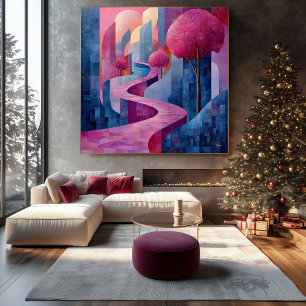 Toile Paysage Abstrait Bichrome Rose et Bleu
