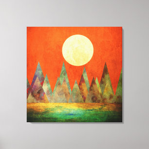 Toile Paysage Abstrait Pleine Lune Montagnes Ciel Orange