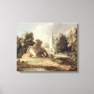 Toile Paysage avec église, chalet, villageois et une