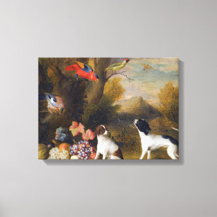 Toile Paysage avec oiseaux exotiques et deux chiens