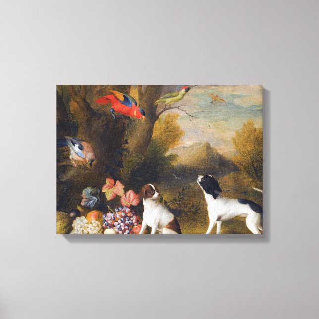 Toile Paysage avec oiseaux exotiques et deux chiens (Recto)