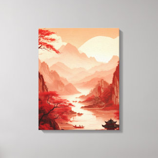 Toile Paysage chinois tranquille avec montagnes et riviè