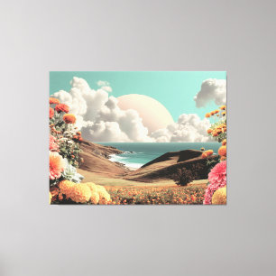 Toile Paysage côtier surréaliste avec fleurs et nuages
