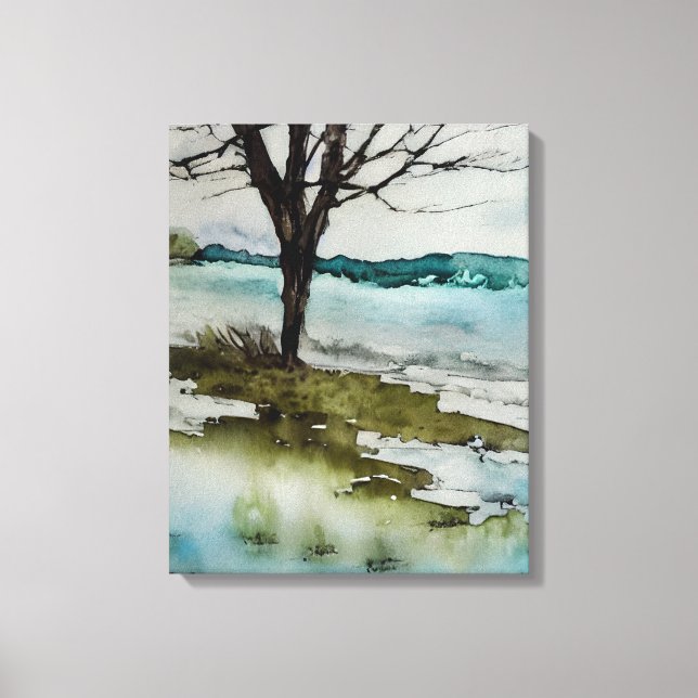 Toile Paysage d'arbre rustique et d'eau à l'aquarelle (Recto)