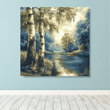 Paysage de bouleaux bleu doré au bord de la rivièr